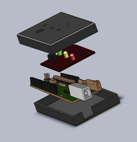 Figure 2: Assembling Prototype From top to bottom: Top part of casing, PCB board, Microprocessor, Bottom part of casing.