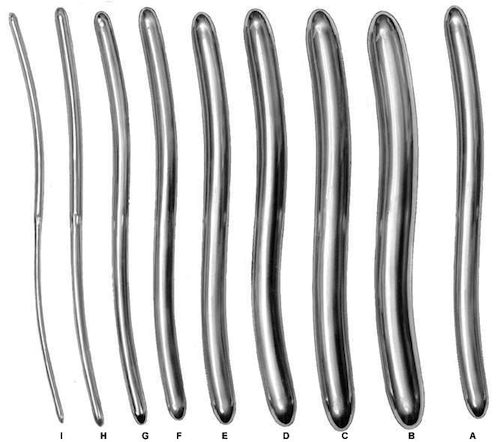 A set of Hegar Dilators. These are the current devices used to dilate the cervix. Sizes run on a French scale, from a 1 mm size to a 18 mm size in diameter.