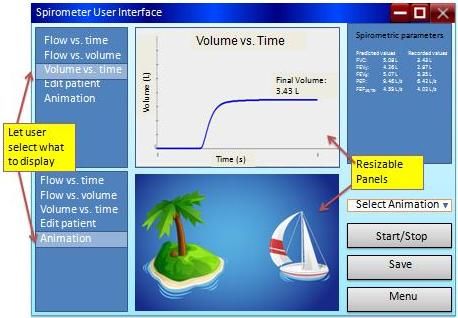 Features included real-time flow-time and volume-time graphs, entering patient demographic information to predict spirometric parameters, a motivational real-time boat animation, and display of recorded spirometric values next to predicted ones. The interface also provides a button to calibrate the spirometer after plunges from a 3-L syringe have been recorded. 