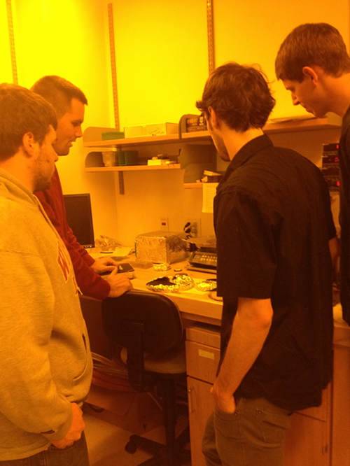 The team learns how to create microfluidic flow platforms from Brian Freeman, a graduate student in the Ogle lab.