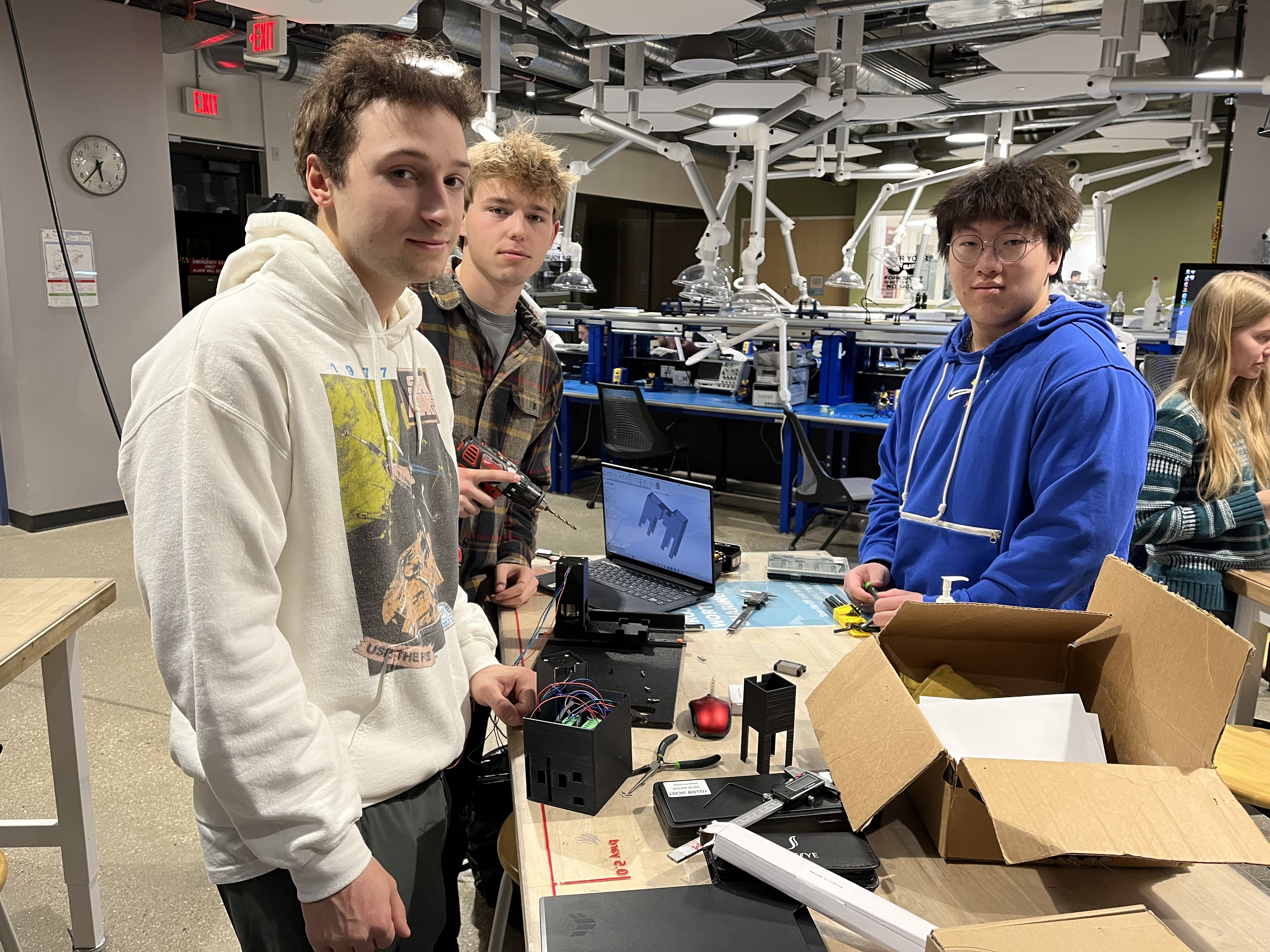 Team members Sawyer Bussey (left), Tyler Haupert (center) and Jerry Tang(Right). Fabrication and assembly in the makerspace