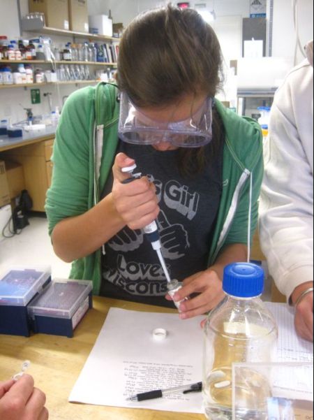 Sarah is pipetting out amounts of photo-inducer so that the gels will cross-link when exposed to UV radiation