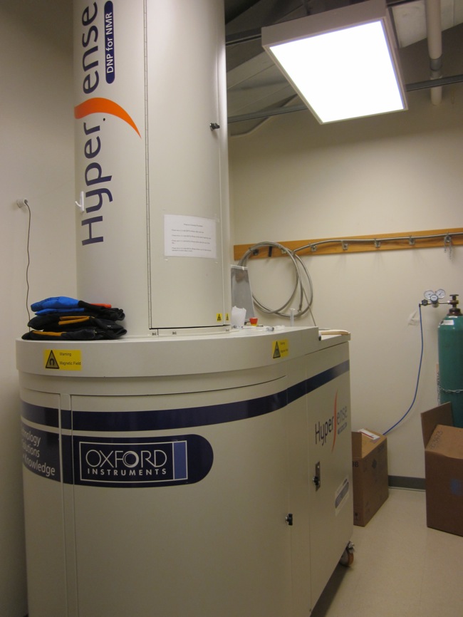 C-13 Hyperpolarizer: This machine hyperpolarizes the C-13 used in the metabolism studies. The tubing that goes into the wall transfers the solution to the MRI room to increase injection speed.