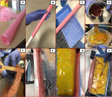 Synthetic Bowel Fabrication: A schematic showing the steps of how the second generation prototype was fabricated. Labels A-H are noted in each photoâs upper right corner. A) Fabricating cellulose sheath B) Placing preformed sheath on inner PVC mold  C) Wrapping inner tube from (B) in cotton matrix D) Coloring DragonSkin/Slacker  and EcoFlex Gel for small bowel and mesentery E) Spreading Smooth-On from (D)	onto wrapped pipe from (C) F) Securing pipe/cotton matrix/silicone complex in outer mold G) Pouring yellow EcoFlex Gel onto cotton matrix	to form mesentery H) Adding vasculature to the mesentery.
