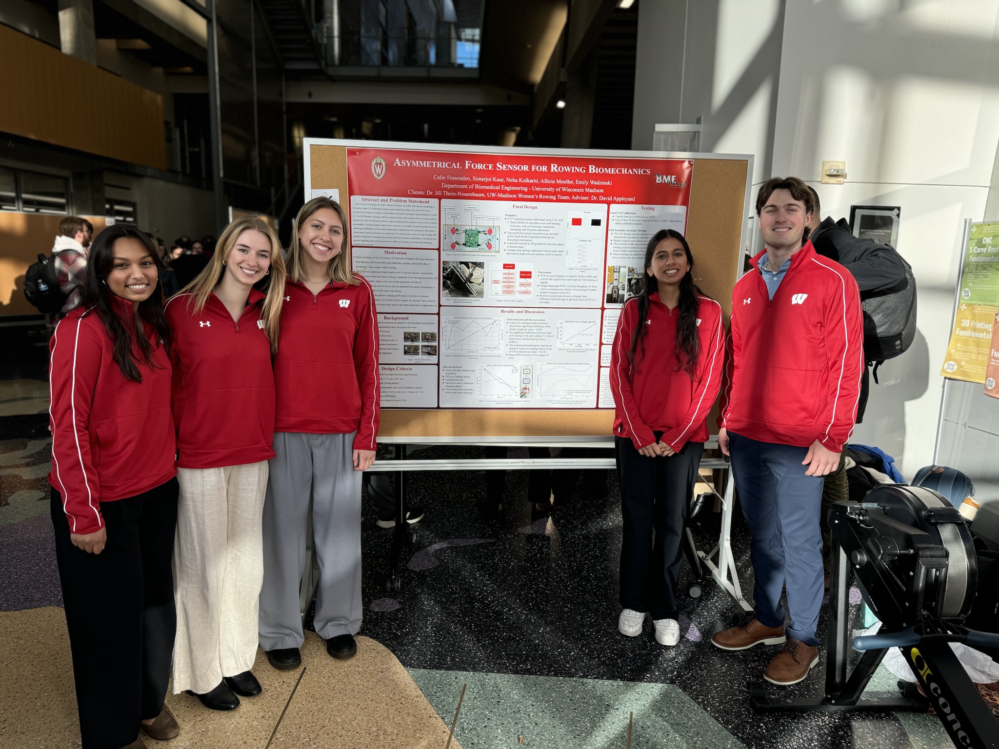 Team photo (left to right): Neha Kulkarni, Allicia Moeller, Emily Wadzinski, Simerjot Kaur, Colin Fessenden at the Fall 2024 BME Design Poster Presentation